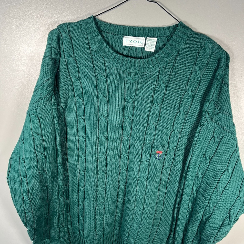 Izod Sweater Mens XL Tall XLT Forest Green Cable Knit Grandpa Golf Heavy Crest